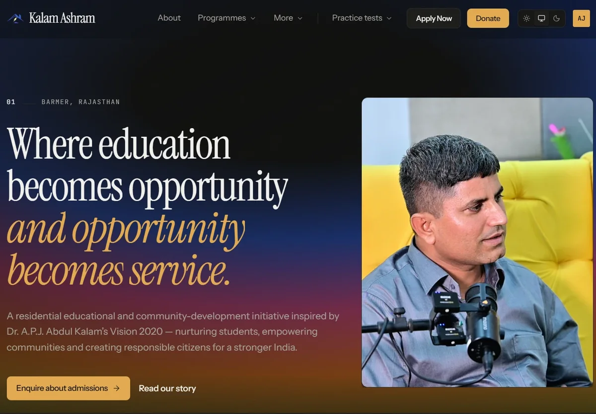 The Kalam Ashram home page on desktop: the serif headline "Where education becomes opportunity and opportunity becomes service." on a dark gradient, an "Enquire about admissions" button, and a photo of a man speaking into a microphone.